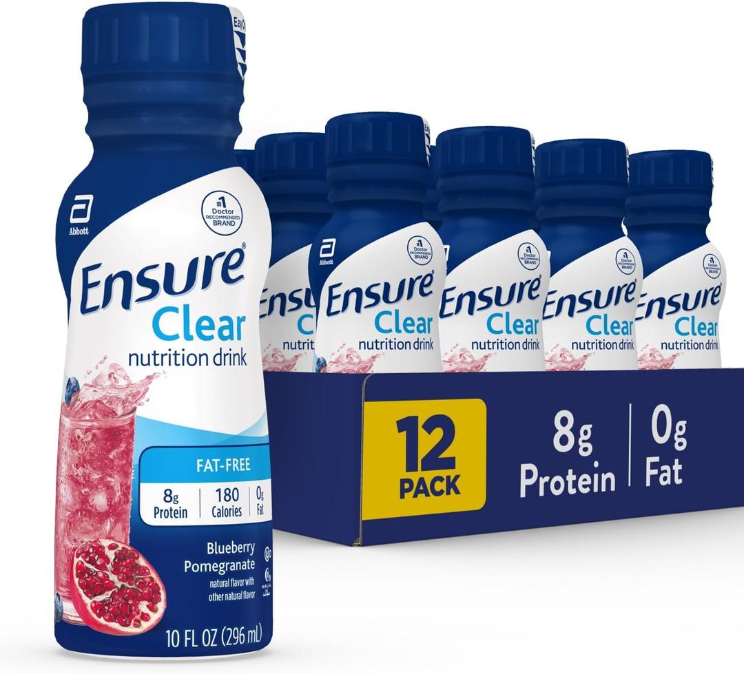 Ensure Liquid Clear Nutrition Drink, 0g fat, 8g of protein, Blueberry Pomegranate, 10 Fl Oz (Pack of 12), Bottle, gluten free, Best By: 01/05/2025