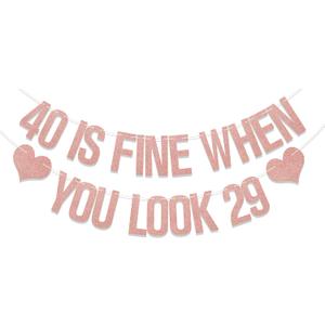40 is Fine When You Look 29 Banner, 40th Birthday Decorations, Funny Forty Year Old Birthday Party Decor Supplies Rose Gold