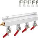 Roastove 4-Way Gas Manifold CO2 Distributor Manifold 5/16 inch Barb/Stem Splitter Beer Integrated Check Valves Homebrew Beer Making Brewing Tool-CO2 gas input at LEFT side+5CLAMPS