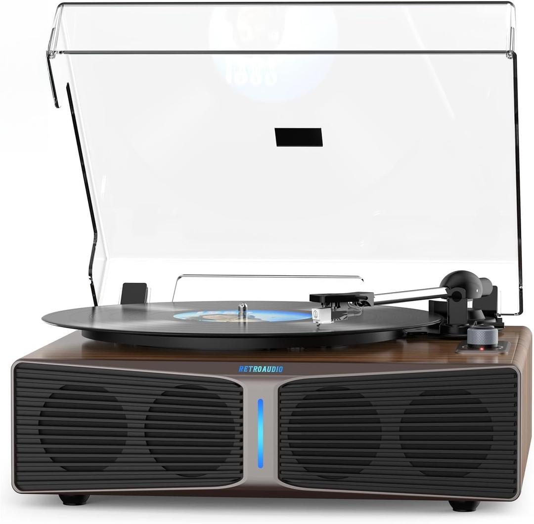 RetroAudio Vinyl Record Player with Built-in Speakers, Bluetooth 5.4 Input Turntable for Vinyl Records, Magnetic Cartridge, 33/45 RPM Belt Drive, RCA Out, Adjustable 3-Level Light Bar, Walnut Brown