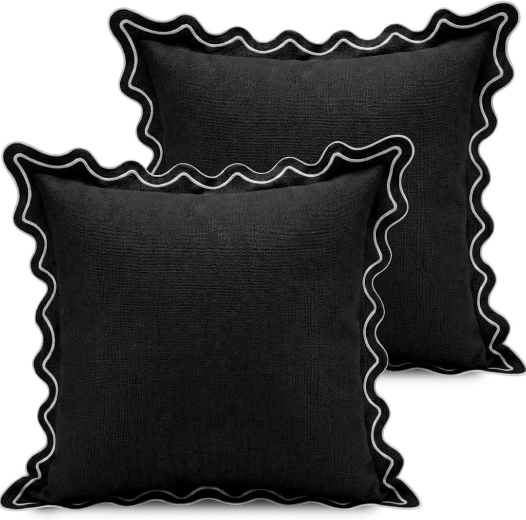 Novabright 2 Pack Outdoor Waterproof Pillow Covers Decorative Farmhouse Garden Pillowcase Scalloped Throw Cushion Cases for Patio Porch Tent Sofa Living Room Decor (Black,18 x 18 Inch)