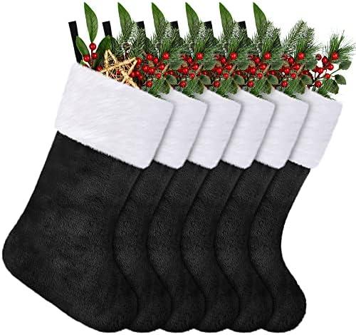 ANVAVO 6 Pack Christmas Stockings 18 Inch Soft Classic Black Plush Stockings Xmas Fireplace Hanging Stockings Fireplace Decorations Plush Fur Cuff Stockings for Holiday Xmas Party Decorations 6 Pcs