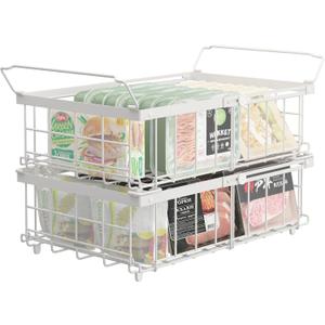 UMDONX 2 x White Freezer Baskets - Stackable Handle Freezer Baskets for 283 to 566L Freezer, Organize Frozen Ingredients, Extendable Length (29-45 x 30 x 15 cm)