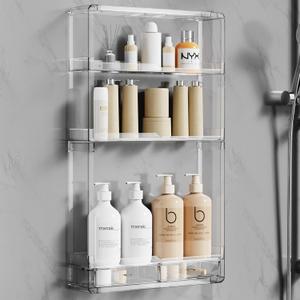 Shower Caddy Adhesive, X-Large Capacity Bathroom Organizers and Storage, No Drill Shower Organizer, Clear Wall-Mounted Bathroom Storage Shelf for Kitchen, RV, Cosmetic