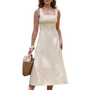 Allegra K Linen Dress for Women Square Neck Straps Sleeveless A Line Casual Summer Midi Dresses (M)