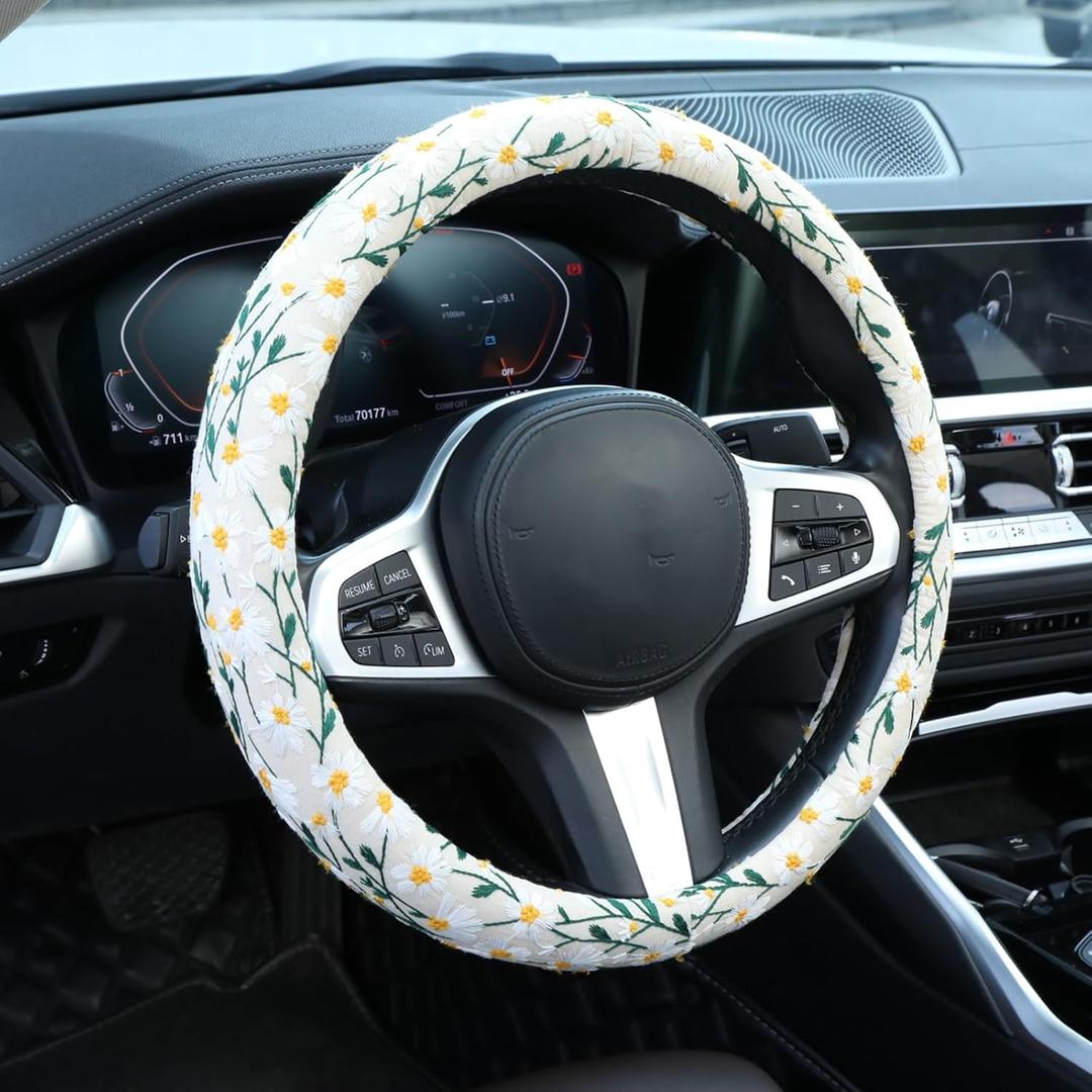 Embroidered Flowers White Cute Daisy Steering Wheel Cover Auto Anti-Slip Breathable Rubber Steering Wheel Protector,Floral Car Accessories for Women,Universal Size Fit Most Cars -15 inch
