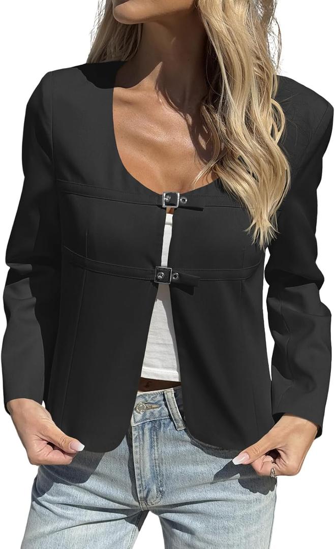 Cicy Bell Womens Cropped Blazer Jacket Long Sleeve Work Trendy Casual Tops Double Buckle Collarless Jackets (Small, Black)