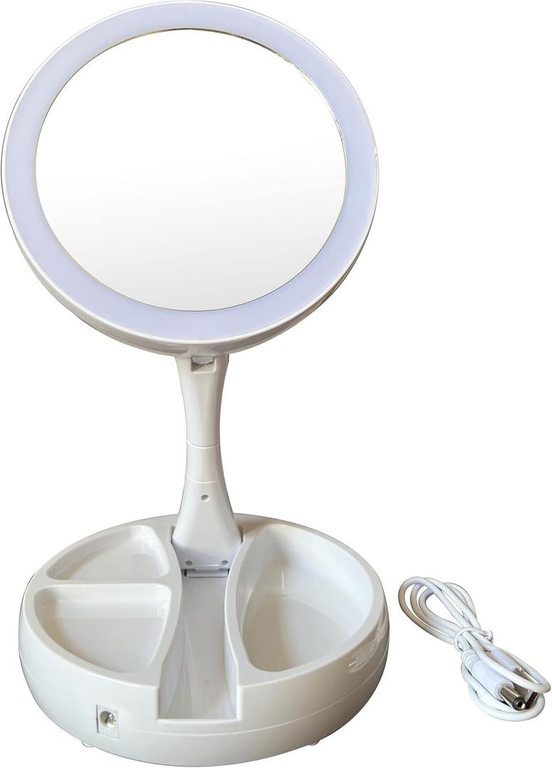 Dimmable Desk Lit Cosmetic Make up Mirror 6 inch Double Sided 10X /1X Magnification Lighting up with Button Control Fold-able Mirror Easy Carry USB Chargeable or AA Battery