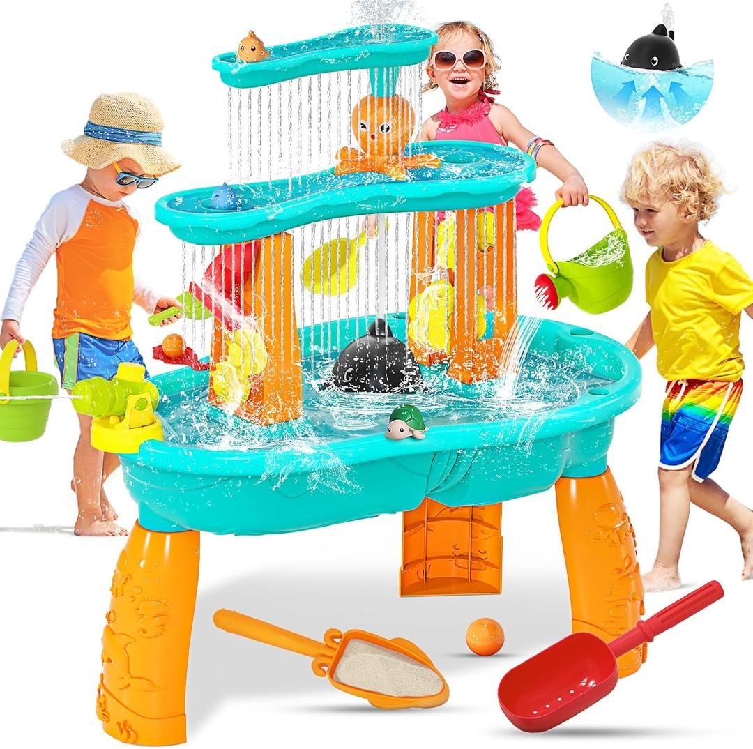 Handwell Upgraded Toddler Water Table,3-Tier Water and Sand Activity Table with Water Pump&Water Toy Accessories,Rain Showers Splash Pond Summer Outdoor Toy Outside Sensory Playset for Boy Girl Age 3+