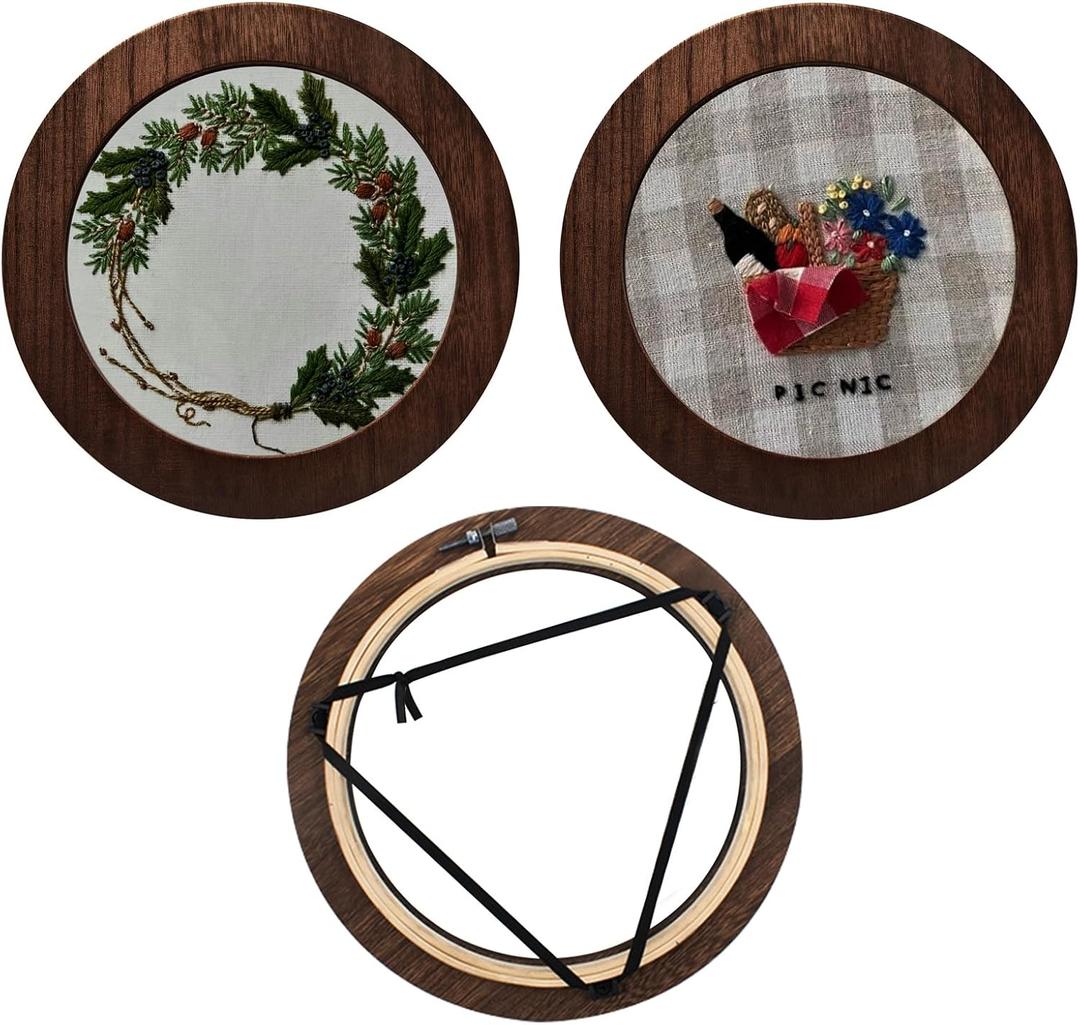 3 Sets Solid Wood Embroidery Frames with Bamboo Hoops, 8 Inch Round Embroidery Display Frame Set for Finished Cross Stitch and DIY Art Craft Sewing Ornaments