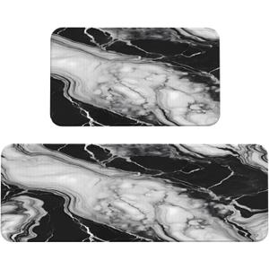 White and Black Marble Texture Kitchen Rugs Microfiber Floor Mats Marbling Cushioned Carpet Runner Rug for Laundry Bathroom Living Room, 2 Piece Set 17"X 47" + 17"X 30"