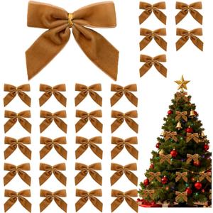 26 Pcs Gold Small Velvet Bows Decorations Vintage Christmas Ornaments for Christmas Tree Gift Wrapping Wreath Table Fireplace Garland and Xmas Party (Brown)