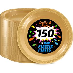 WELLIFE Gold Party Plates 9 Inch -150 Count, Disposable Plastic Dinner Plates for Party Dessert Cake Wedding Engagement Birthday