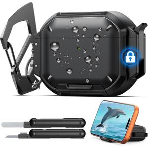 MoKo for AirPods Pro 3 Case with Secure Lock  IP68 Waterproof Case for iPods Pro 3, MilitaryGrade Protective Cover Earpods Pro 3 with Keychain, Phone Stand & Cleaner Kit, Black