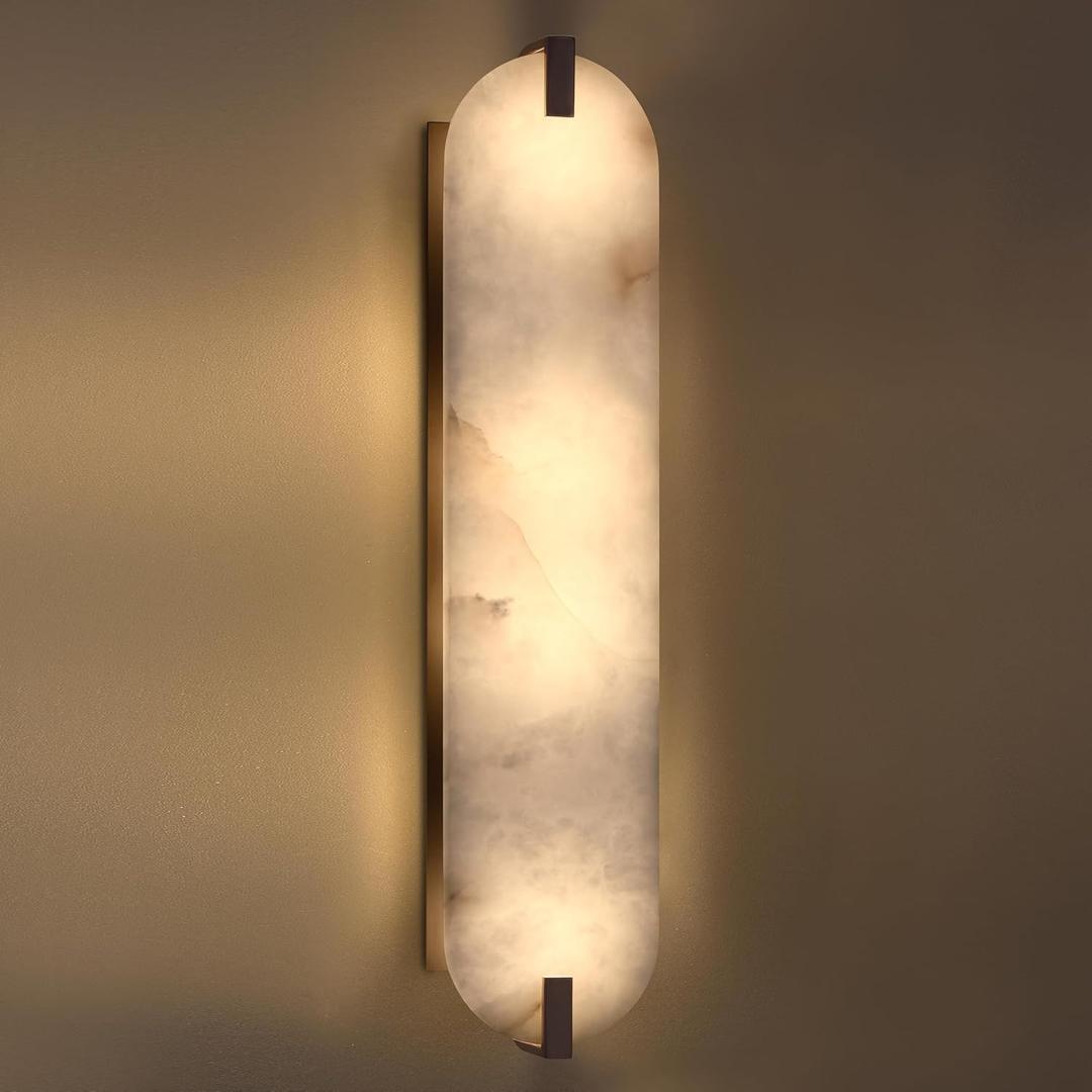 24.7" Natural Oval Alabaster Marble Modern Concise 2 Light Wall Sconce Fixture,Oil Rubbed Bronze Finish for Bathroom Bedroom Hallway Bedside Staircase Vanity Mirror