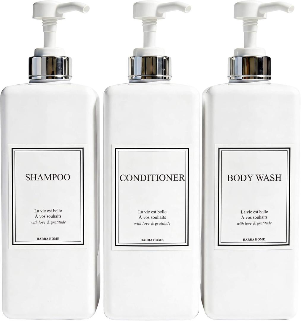 Shampoo and Conditioner Dispenser - Modern Design Large 27oz Shower Soap Dispenser Set of 3, Refillable Empty Plastic Pump Bottles for Bathroom, 6 Waterproof Labels Included, White & Silver