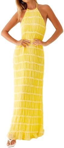 ABYOVRT Women Backless Dress Sleeveless Textured Halter Open Back Maxi Dresses Vacation Wedding Guest, L