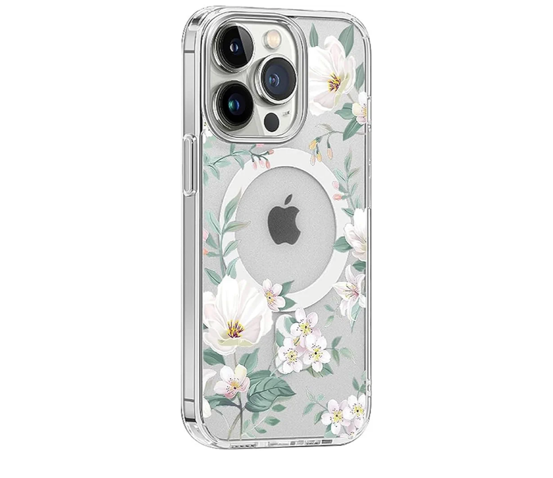 Clear Magnetic Case for iPhone 14 Pro Phone Case [Compatible with MagSafe Charger] Gardenia Floral Print Pattern Slim Anti-Scratch Cover for Women Girl