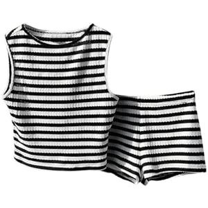MakeMeChic Women's 2 Piece Striped Outfit Crew Neck Tank Crop Top and Mini Shorts Set, L