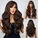 Long Brown Wig with Bangs Wavy Wigs for Women, 26 Inch Synthetic Hair Wig for Daily Party Use