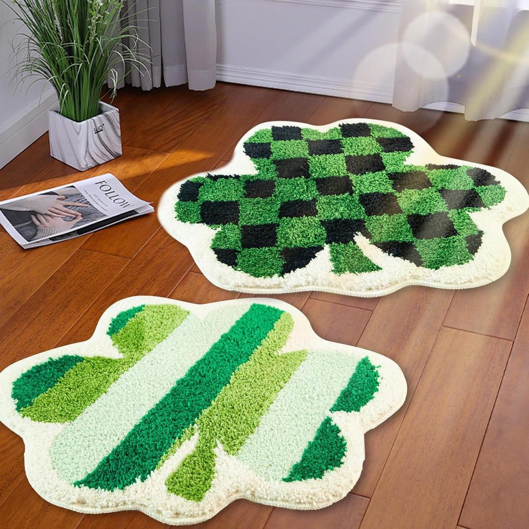 2 Pieces Shamrock Bathroom Rug St Patricks Day Lucky Green Black Plaid Bath Mat Non Slip Door Mat for Shower Bathtub Bedroom Kitchen Rug Holiday Decor