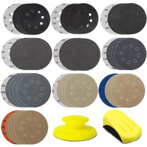 50pcs Sandpaper 8 Hole 5 inch Sanding Discs Hook and Loop 60/180/240/400/800/1200/2500/4000/7000/10000 Grits with Hand Sander for Automotive Metal Polishin