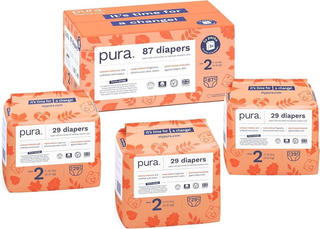Pura Hypoallergenic Diapers, Size 2 (7-13 lbs) Totally Chlorine Free, Wetness Indicator, Suitable for Sensitive Skin, Soft Organic Cotton, Overnight, 3 Packs of 29 (87 Baby Diapers)