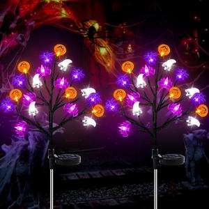 Halloween Decorations Outdoor Solar Lights, 2 Pack Halloween Lights Outdoor Solar Lights Waterproof with 20 LED Ghosts Bats Spiders Pumpkin Light, 8 Modes Solar Pathway Lights for Halloween's Decor