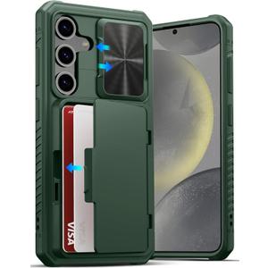 ATATOO for Samsung Galaxy S24 Case with Card Holder (Store 4-5 Cards) & Slide Camera Cover & Kickstand, [Military Grade Drop Protection], Rugged Silicone Wallet Case for Samsung S24 2024, Green