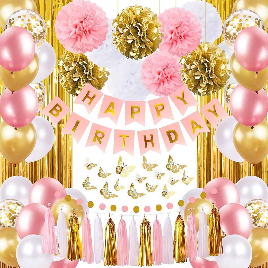 Pink and Gold Birthday Party Decorations for Women with Happy Birthday Banner,Curtains, Butterfly Wall,Circle Dots Garland,Tissue Pompoms,Paper Tassels Garland for Her