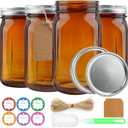 CARBLIN 4 Pack Mason Jars 32 oz, Amber Wide Mouth Canning Jars with Airtight Lids, Glass Pint Jars with Bands Labels Brush, Large Storage Quart Jars for Jam Fermenting Preserving