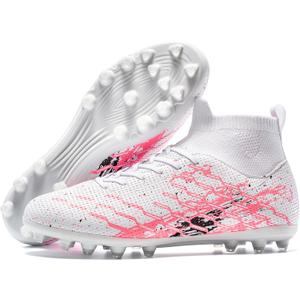Kids Slip On Soccer Cleats for Boys Girls Youth Training Football Shoes, 1 Little Kid, Pink/White