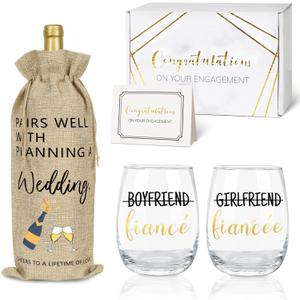 Frerdui Engagement Gifts for Couples, Boyfriend and Girlfriend Glass Engaged Gift Set with Bottle Bag, Fiance Fiancee Gift for Him and Her Bride and Groom, Wedding Bridal Shower Gifts for Newlywed, 1 Piece