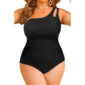 Aqua Eve Plus Size One Piece Swimsuit One Shoulder Bathing Suit Tummy Control Keyhole Swimwear (Black-1, 20 Plus)
