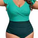 B2prity Women's Plus Size One Piece Swimsuit Tummy Control Ruffle Bathing Suit V Neck High Waist Wrap Swimwear (X-Large, Green,dark Green)