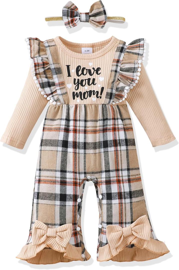 Renotemy Newborn Baby Girl Clothes Fall Winter Outfit Ribbed Romper Plaid Overalls Jumpsuit Infant Girl Outfits 0-18 Months (3-6 Months)