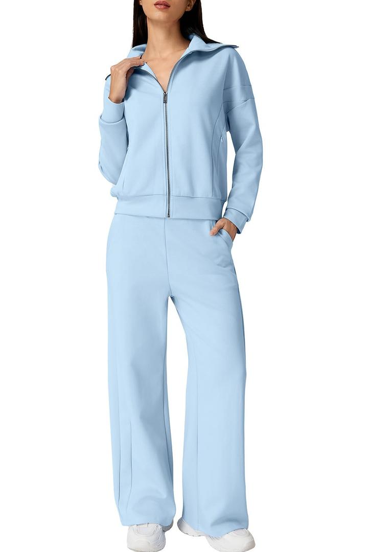 QINSEN Women's 2 Piece Outfits Long Sleeve Zip Up Lapel Sweatshirt Wide Leg Pants with Pockets Matching Sets Sky Blue, M