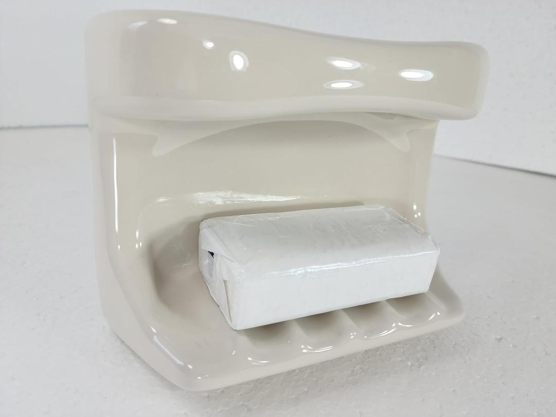 Beige Bone Almond Ceramic Soap Dish Tray Cloth Bar Washcloth Holder Bath Shower Bathtub