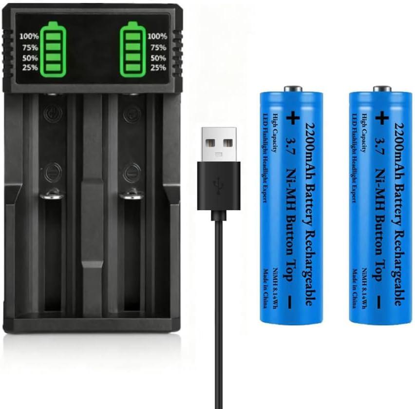 3.7 USB Battery Charger with 2 Pack 3,7 2200mAh Button Top Battery Ni-MH, 2 Bay LCD Display Smart Universal USB Battery Chargers for Flashlights,Headlamps,Doorbells,RC Cars,Outdoor Garden Lights,etc