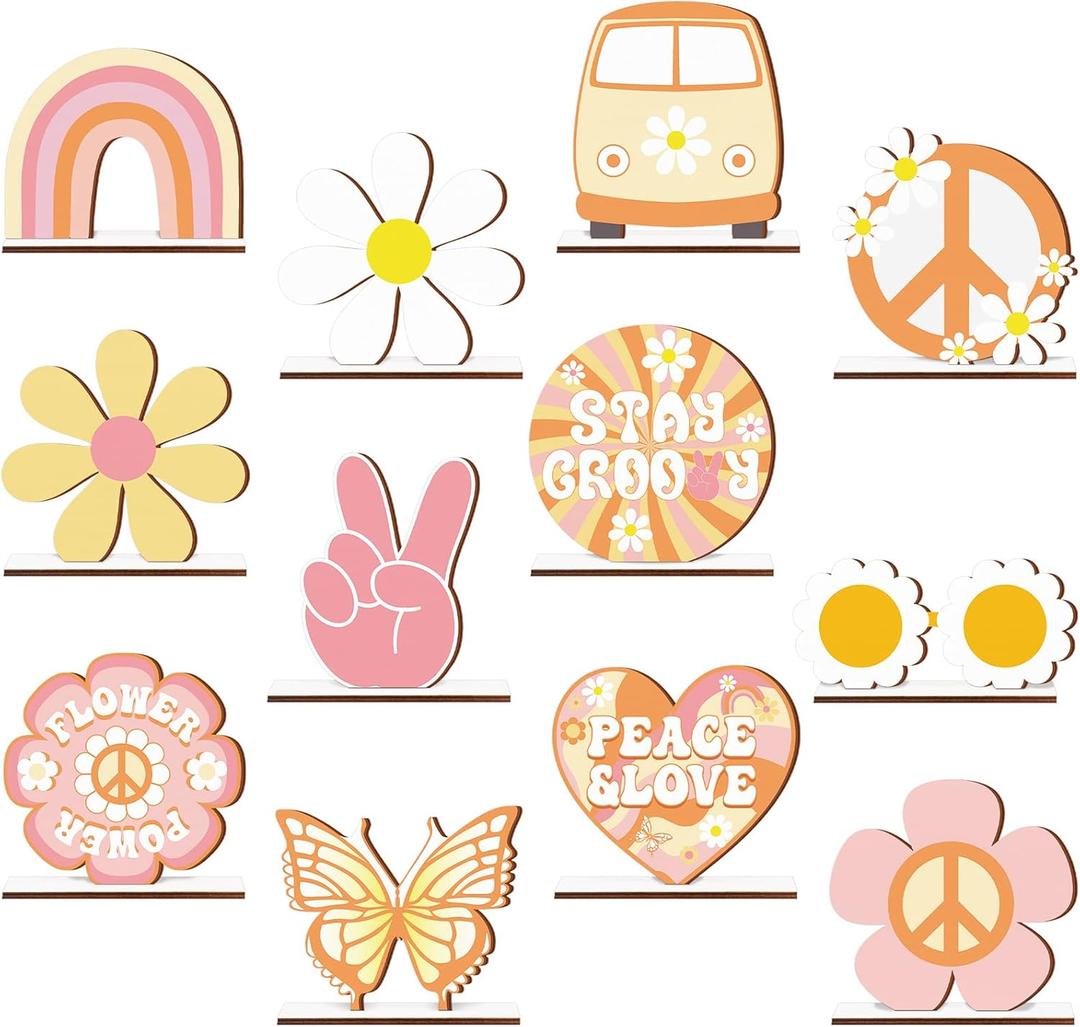 Pinkunn 12 Pcs Groovy Party Decorations Two Groovy Party Favors Bohemian Wooden Centerpieces for Tables Retro Hippie Table Decoration Rainbow Boho Daisy Table Topper for 60s 70s Birthday Ornaments