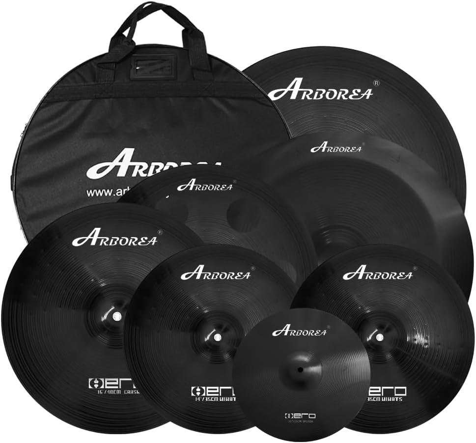 Arborea Cymbal Pack for Drum 7 pcs Black Hero Series Include 14"Hihats 16"Crash 20"Ride Bonus 10" Splash 16"Ozone Stacker 18" China Cymbal Free Cymbal Bag