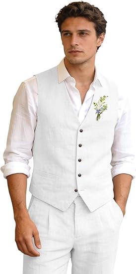 Aowdoy Men's Linen Suits 2 Piece Slim Fit Suit Prom Beach Wedding Groomsman Vest Pants Set Casual Summer Linen Outfit XL
