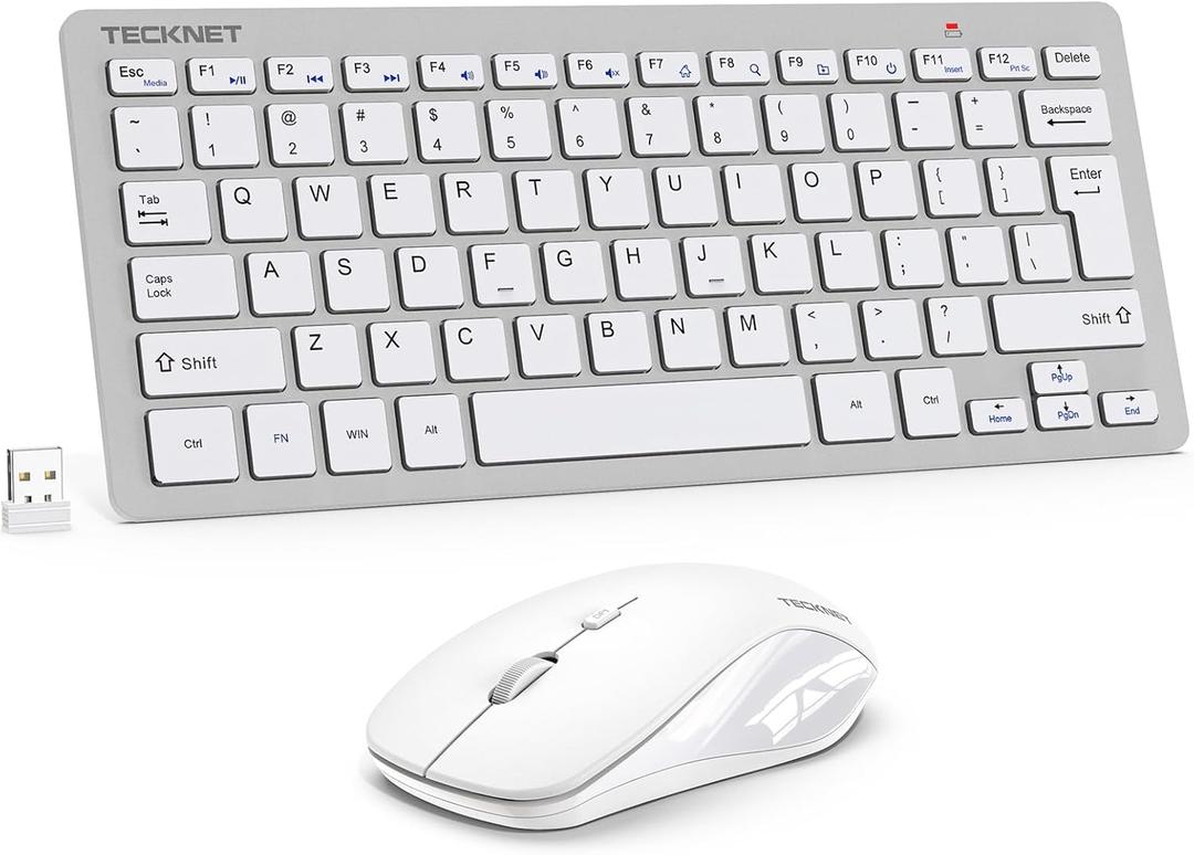 TECKNET Wireless Keyboard and Mouse Combo, Mini Cordless Computer Keyboard and Mouse Set 2.4GHz, Silent Adjustable 1600 DPI, Quiet Click, Lag-Free for Computer, Laptop, PC, Windows, Mac, Chrome OS(SS) (Silver White)