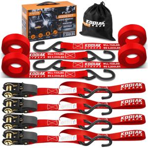 KODIAK STRAPS Ratchet Straps Heavy Duty Tie Down Strap Set 2200 Break Strength  1" x 17' 4pk with Soft Loops Cargo Truck Bed Tie Downs  Coated Deep S-Hook & Carry Bag for Securing Cargo Red