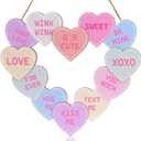 Valentines Day Conversation Heart Door Sign Hanger Valentine's Day Wooden Wreath Happy Valentines Day Decor for Front Door 12 Hearts Pattern Wood Wall Hanging Heart Sign with Ribbon Home Decorations