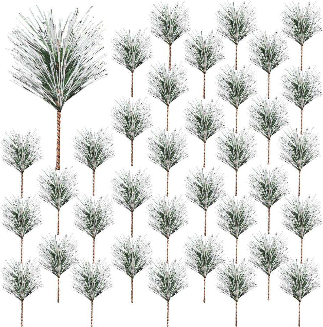 Artificial Green Pine Needles Branches, 50 PCS Small Pine Twigs Stems Picks, Fake Greenery Pine Picks for Christmas Garland, Wreath, Home Holiday Decoration (50, Green White)