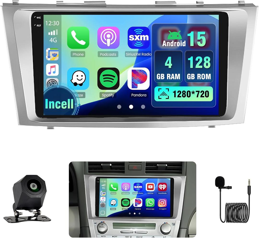 [4+128G] for Toyota Camry 2006-2011 Hikity Android 15 Car Stereo, 9 Incell Touchscreen Radio Wireless CarPlay/Android Auto Bluetooth GPS Navigation WiFi FM/RDS + AHD Backup Camera