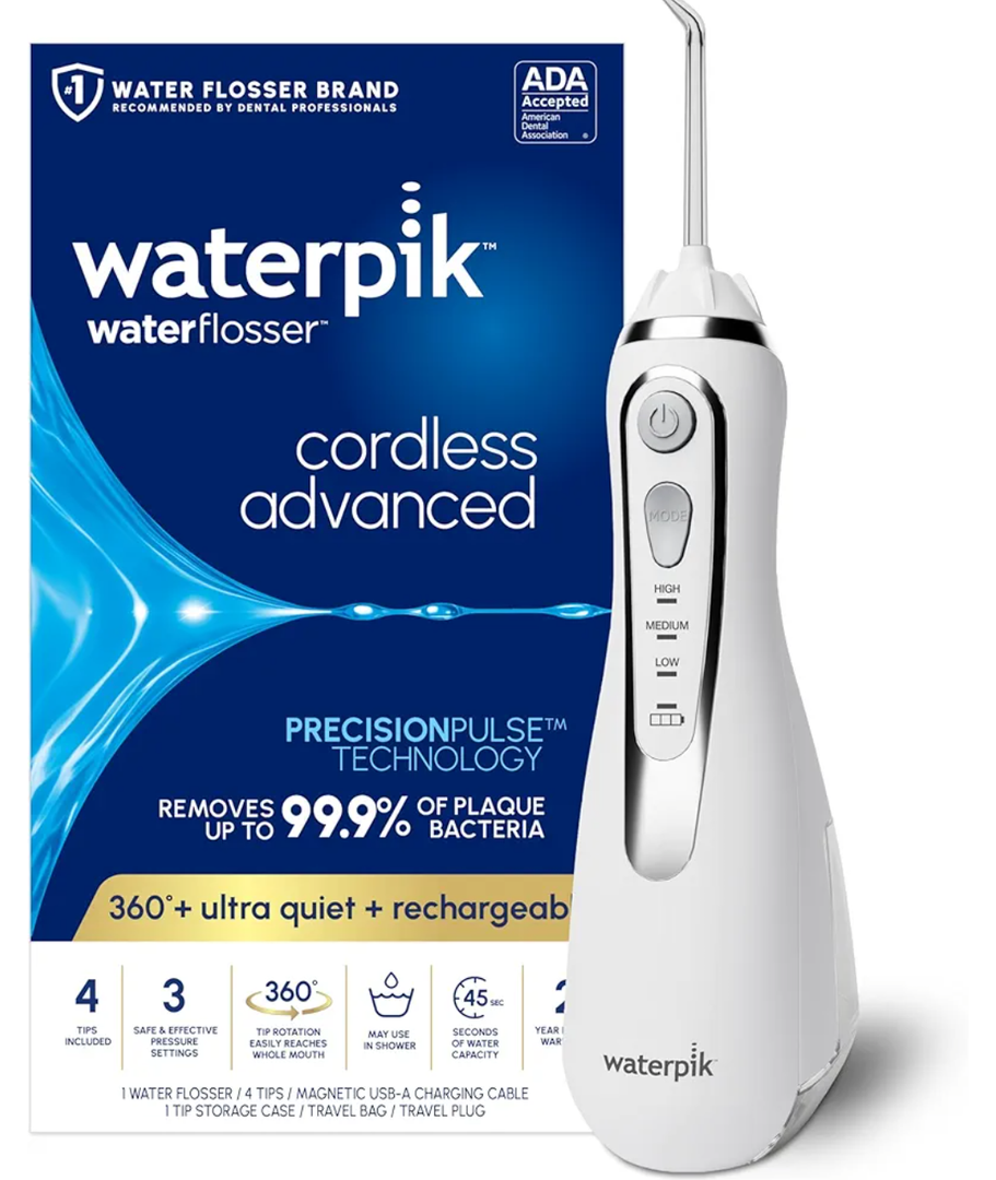Waterpik Cordless Advanced 2.0 Water Flosser For Teeth, Gums, Braces, Dental Care With Travel Bag and 4 Tips, ADA Accepted, Rechargeable, Portable, and Waterproof, White WP-580