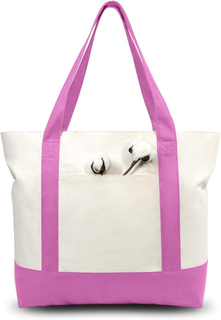 TOPDesign 3-Pack Canvas Tote Bags with an External Pocket, Reusable Grocery Shopping Bags, Top Zipper Closure, Daily Essentials (Light Purple/Natural)