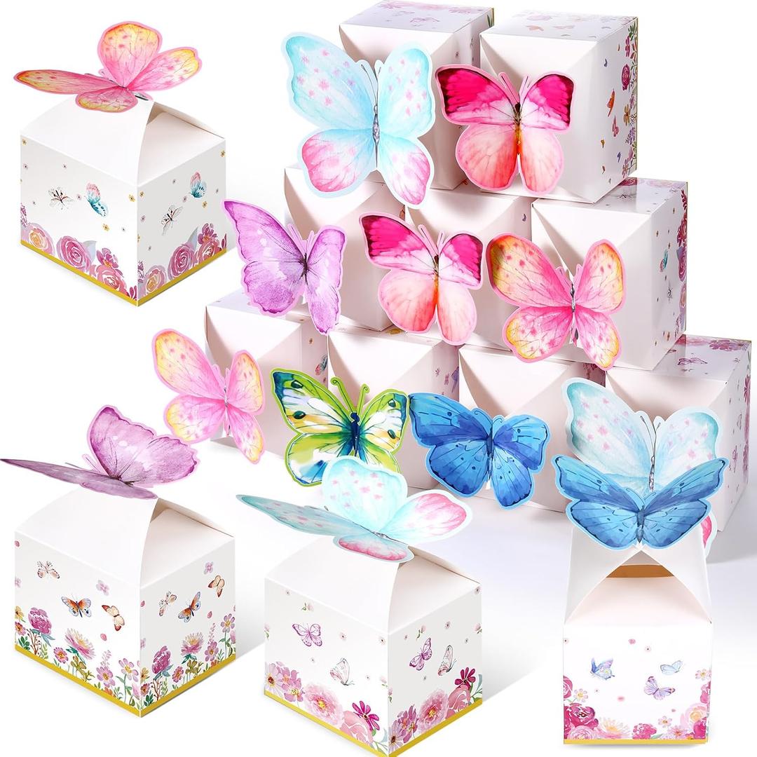 Ctosree 24 Pcs Butterfly Party Favor Boxes Floral Candy Treat Bags Pink Girl Butterfly Gift Paper Box Purple Blue Decor for Princess Birthday Party Spring Baby Shower Supplies
